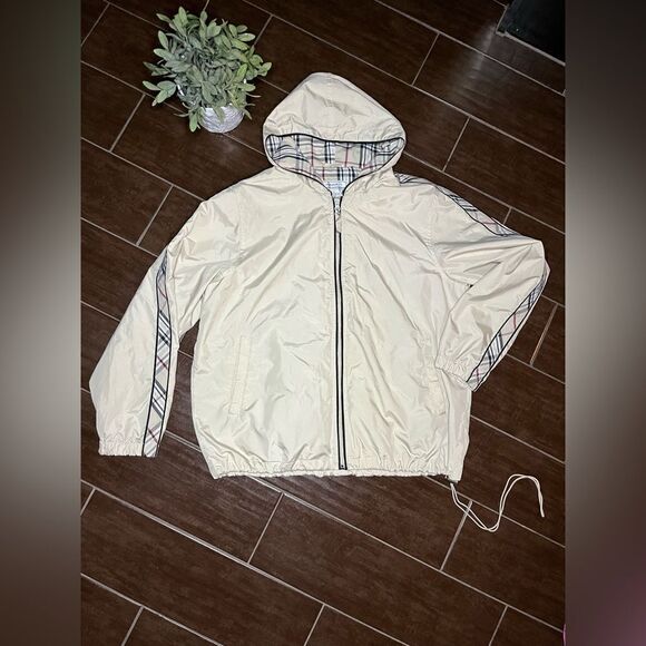Passports vintage khaki w/Nova check trim hooded windbreak sz large - Picture 1 of 7